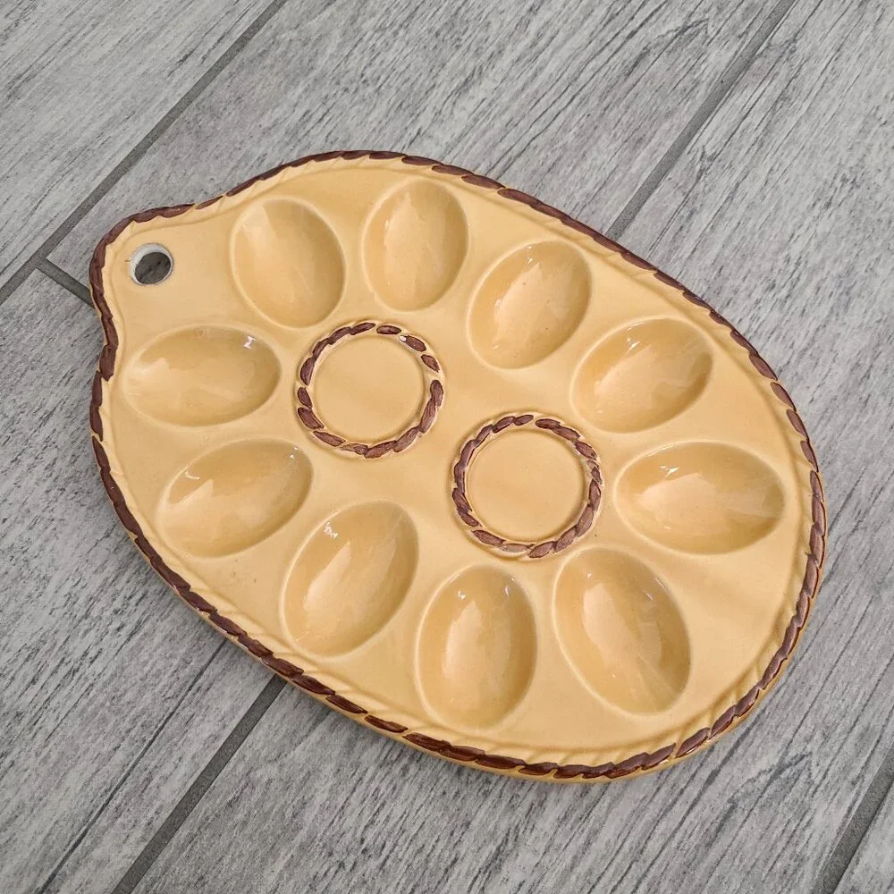 Vintage Japan Deviled Egg Platter Yellow Brown Ceramic Serving Tray